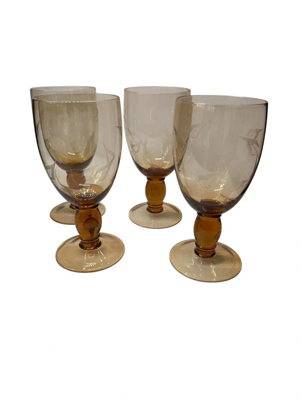 Set of 4 Pier 1 Etched leaf amber water wine glasses 8”